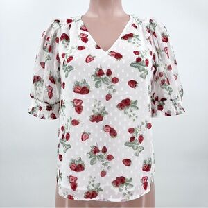 NWT Rachel Zoe Swiss Dot Strawberry Puff Sleeve V-Neck Blouse Top Size XS